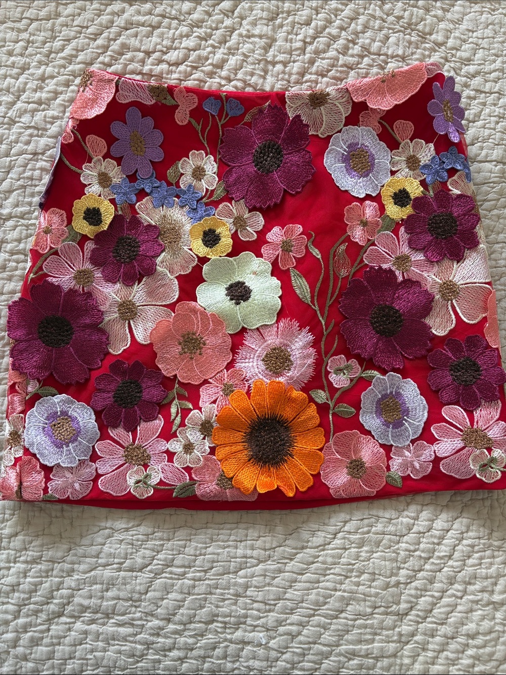 Endless Rose Red Mini Skirt with Multicolor Floral Appliqué